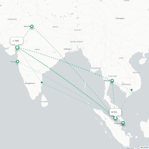 Mapa de vuelo directo Kuala Lumpur - Ahmedabad
