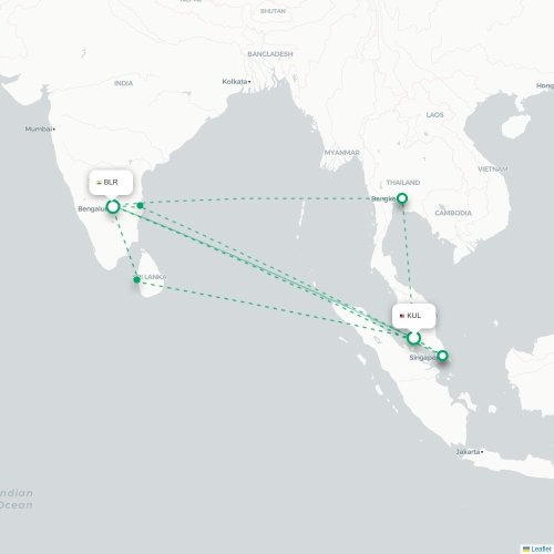 Mapa lotu bezpośredniego Kuala Lumpur – Bangalore