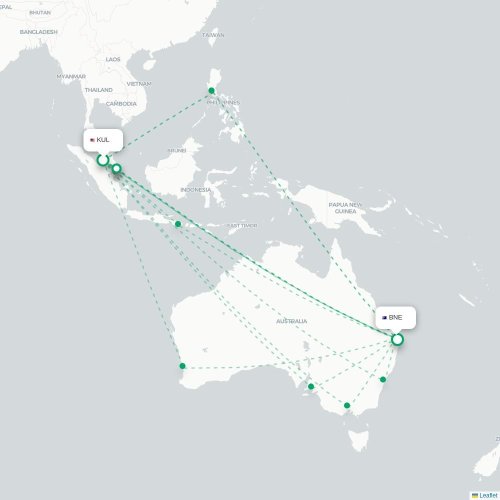 Kuala Lumpur - Brisbane kaart van rechtstreekse vlucht