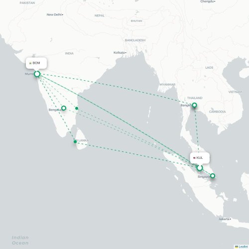 Mapa lotu bezpośredniego Kuala Lumpur – Mumbaj