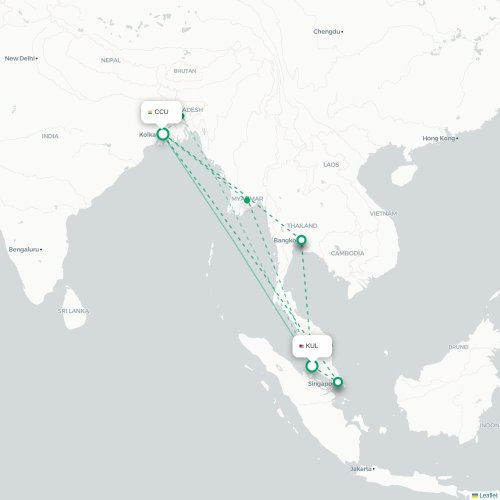 Mapa lotu bezpośredniego Kuala Lumpur – Kalkuta