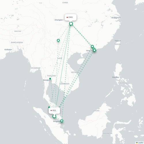 Mapa lotu bezpośredniego Kuala Lumpur – Chongqing