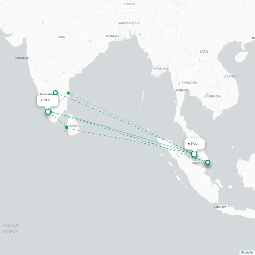 Mapa de vuelo directo Kuala Lumpur - Cochín