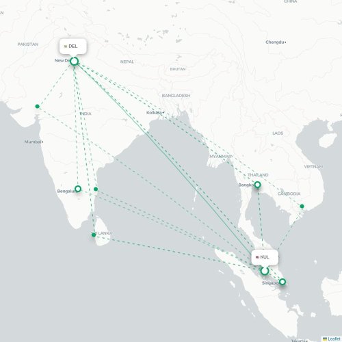 Mapa lotu bezpośredniego Kuala Lumpur – Nowe Deli