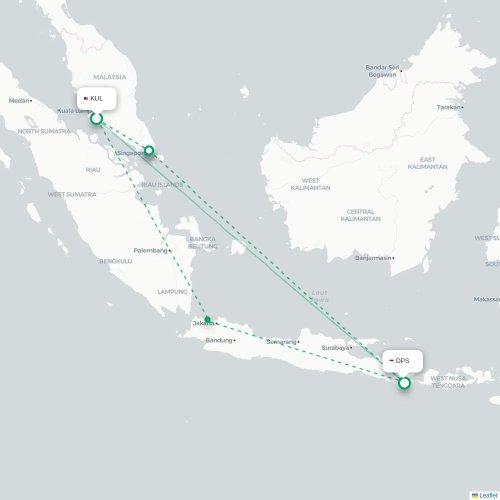 Mapa lotu bezpośredniego Kuala Lumpur – Denpasar