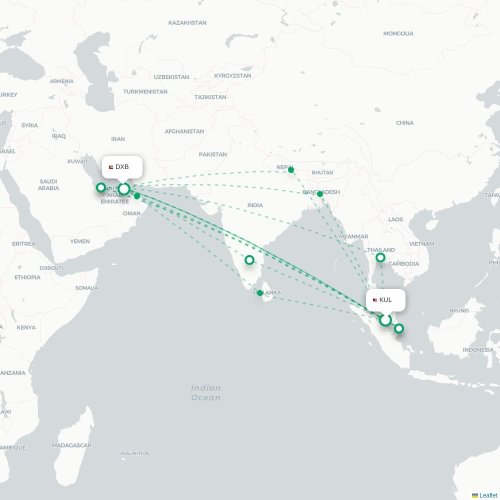 Mapa lotu bezpośredniego Kuala Lumpur – Dubaj
