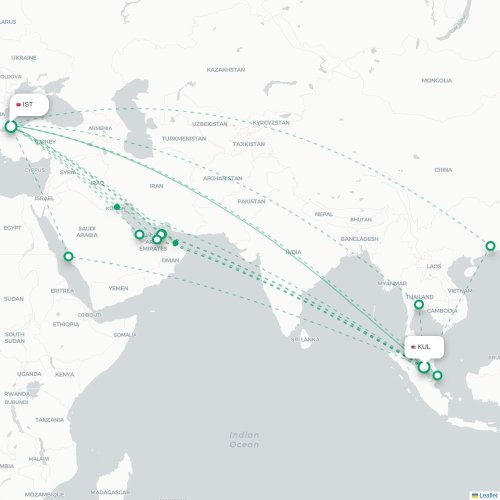 Mapa de vuelo directo Kuala Lumpur - Estambul