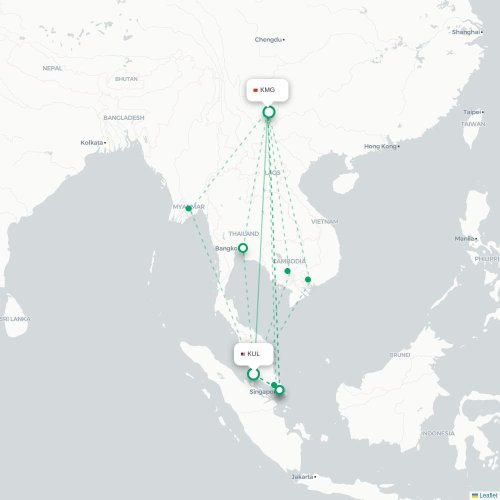 Mapa lotu bezpośredniego Kuala Lumpur – Kunming