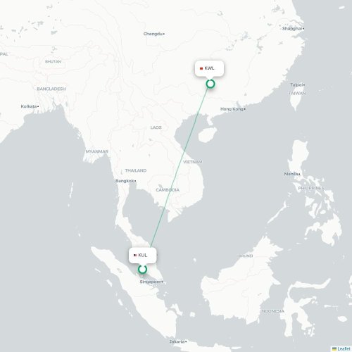 Mapa de vuelo directo Kuala Lumpur - Guilin