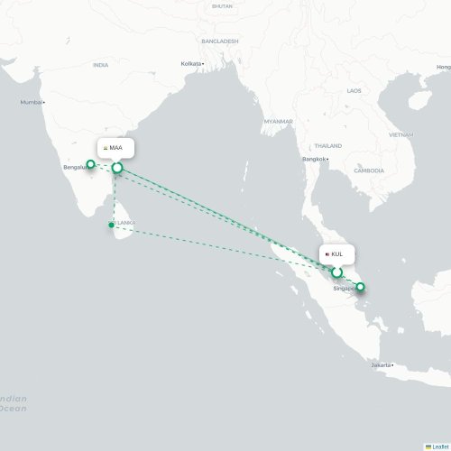 Mapa lotu bezpośredniego Kuala Lumpur – Madras