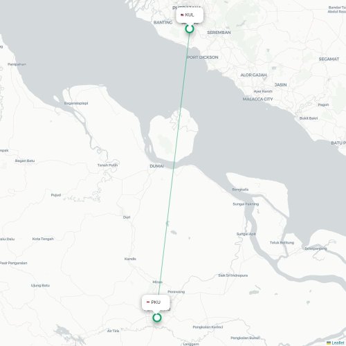 Mapa lotu bezpośredniego Kuala Lumpur – Pekanbaru