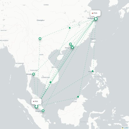 Mapa lotu bezpośredniego Kuala Lumpur – Szanghaj
