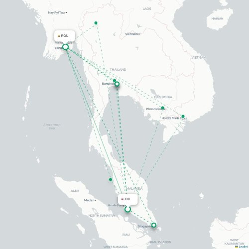 Mapa de vuelo directo Kuala Lumpur - Rangún