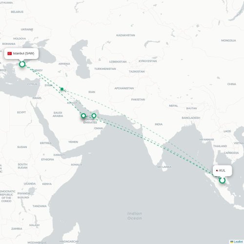 Mapa de vuelo directo Kuala Lumpur - Estambul
