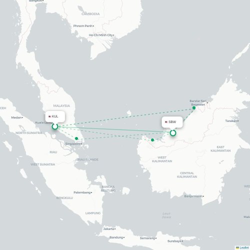 Mapa de vuelo directo Kuala Lumpur - Sibu