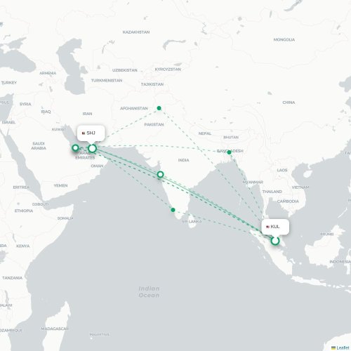 Mapa lotu bezpośredniego Kuala Lumpur – Szardża