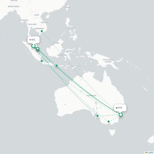 Kuala Lumpur - Sydney kaart van rechtstreekse vlucht