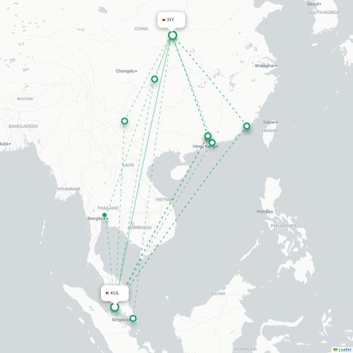 Mapa lotu bezpośredniego Kuala Lumpur – Xi'an