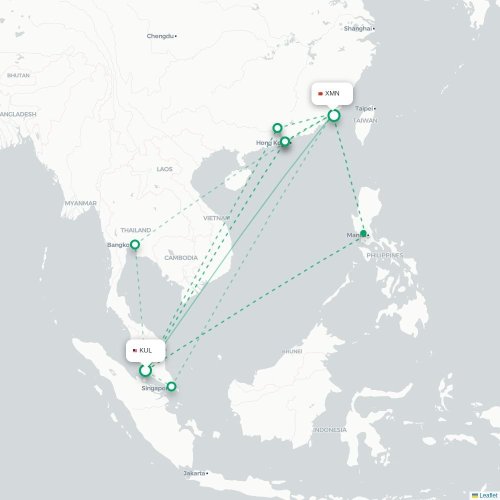 Mapa lotu bezpośredniego Kuala Lumpur – Xiamen
