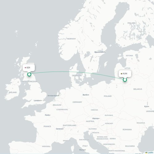 Mapa de vuelo directo Kaunas - Edimburgo