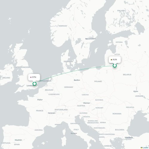 Mapa de vuelo directo Kaunas - Londres