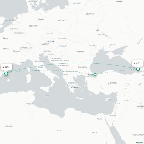 Mapa de vuelo directo Kutaisi - Barcelona