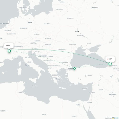 Mapa de vuelo directo Kutaisi - Lyon