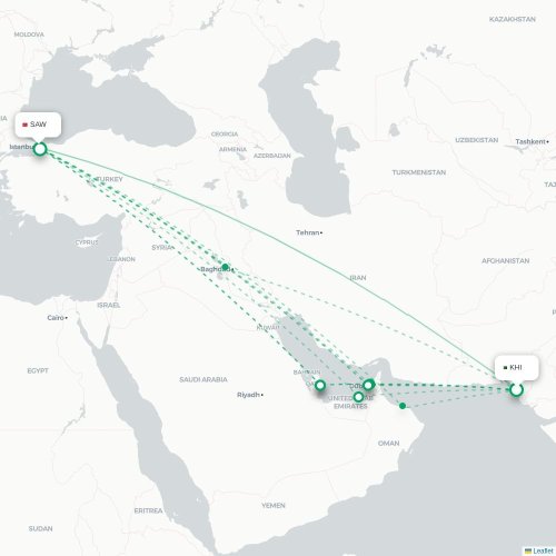 Mapa de vuelo directo Kutaisi - Estambul