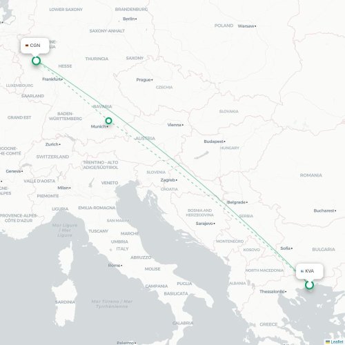 Mapa de vuelo directo Kavala - Colonia