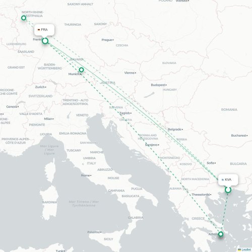 Mapa de vuelo directo Kavala - Fráncfort