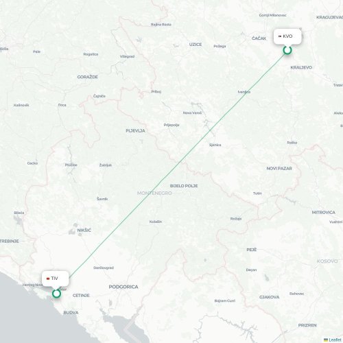 Mapa de vuelo directo Kraljevo - Tivat