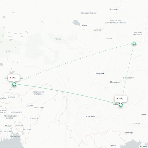 Mapa lotu bezpośredniego Guiyang – Lhasa