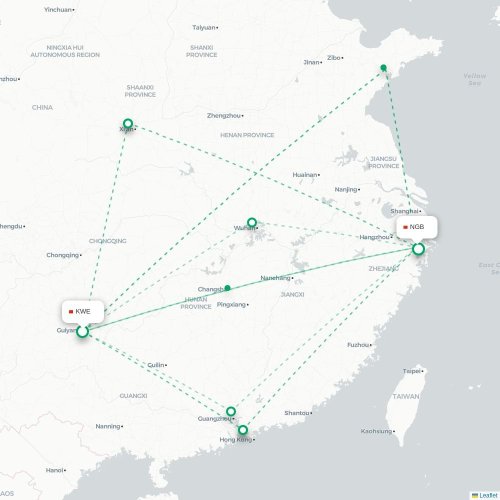 Mapa de vuelo directo Guiyang - Ningbo