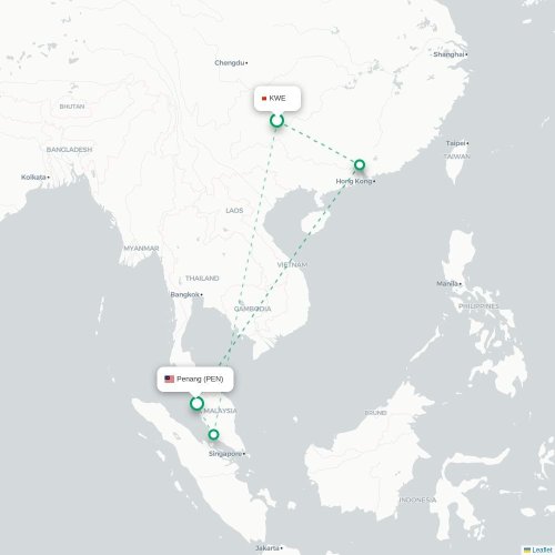 Mapa lotu bezpośredniego Guiyang – Penang