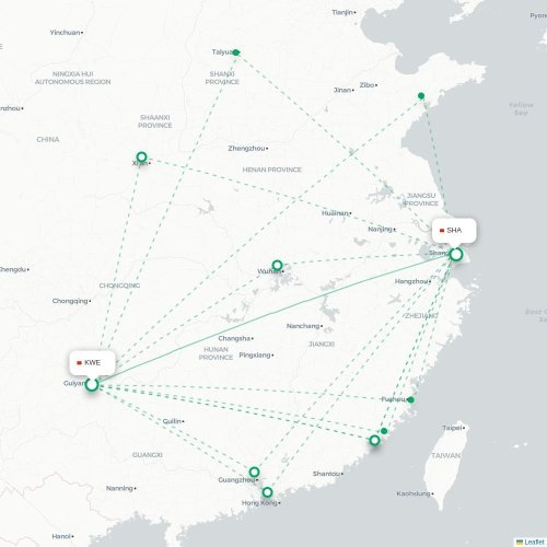 Mapa lotu bezpośredniego Guiyang – Szanghaj