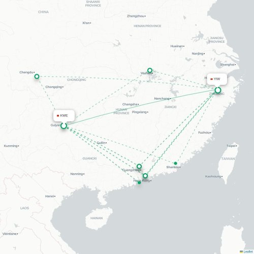 Mapa lotu bezpośredniego Guiyang – Jinhua