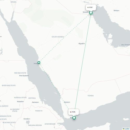 Mapa de vuelo directo Ciudad de Kuwait - Adén