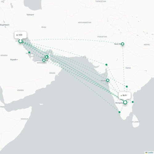 Mapa lotu bezpośredniego Kuwejt – Bangalore