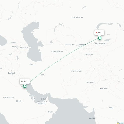 Mapa lotu bezpośredniego Kuwejt – Biszkek