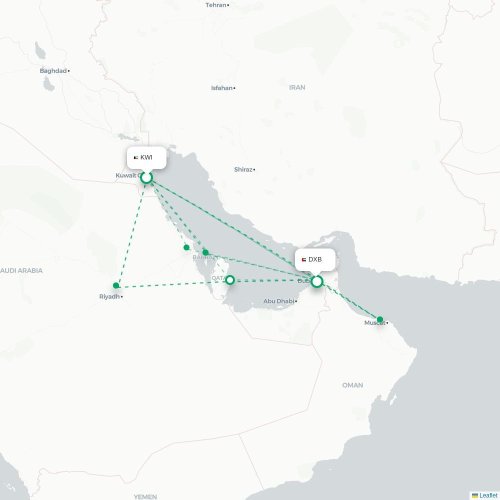 Mapa lotu bezpośredniego Kuwejt – Dubaj