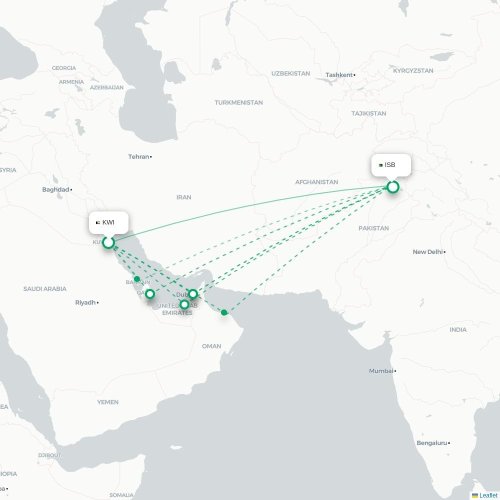 Mapa de vuelo directo Ciudad de Kuwait - Islamabad
