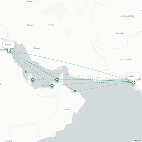 Mapa de vuelo directo Ciudad de Kuwait - Karachi