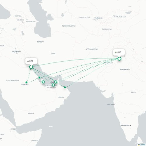 Mapa de vuelo directo Ciudad de Kuwait - Lahore