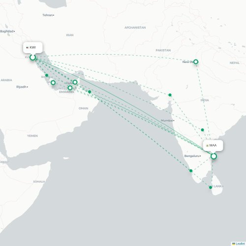 Mapa lotu bezpośredniego Kuwejt – Madras