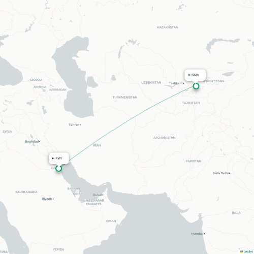 Mapa de vuelo directo Ciudad de Kuwait - Namangán