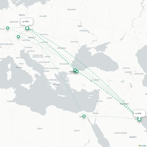 Mapa lotu bezpośredniego Kuwejt – Praga