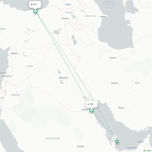 Mapa lotu bezpośredniego Kuwejt – Trabzon