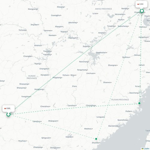 Mapa de vuelo directo Guilin - Changzhou