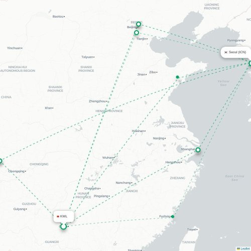 Mapa de vuelo directo Guilin - Incheon