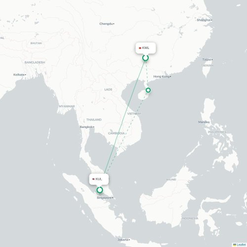 Mapa de vuelo directo Guilin - Kuala Lumpur
